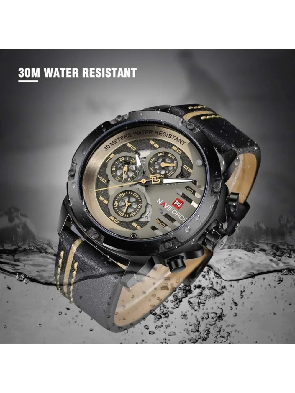 Men's Black Yellow Analog Quartz Leather Band Waterproof Military Wrist Watch